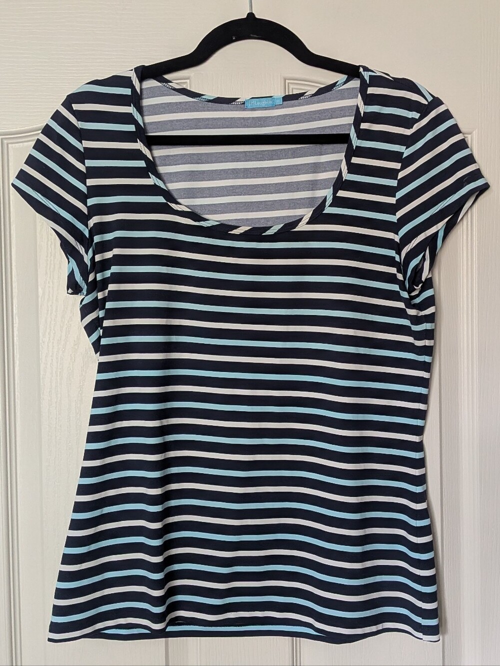 J. McLaughlin Navy and Light Blue Striped Scoop Neck Tee